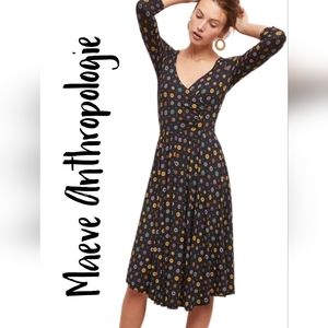 Maeve Black Floral Midi 3/4 Sleeve Dress